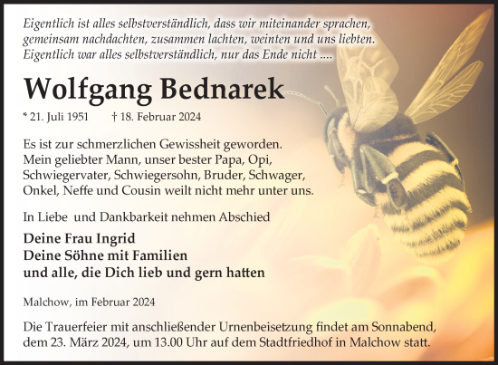Traueranzeige von Wolfgang Bednarek von Nordkurier Müritz-Zeitung