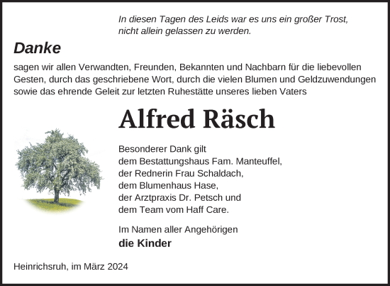 Traueranzeige von Alfred Räsch von Nordkurier Haff-Zeitung