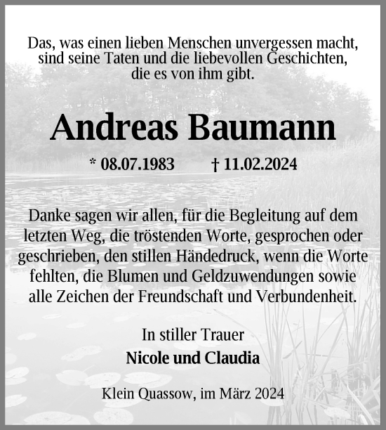 Traueranzeige von Andreas Baumann von Nordkurier Strelitzer Zeitung