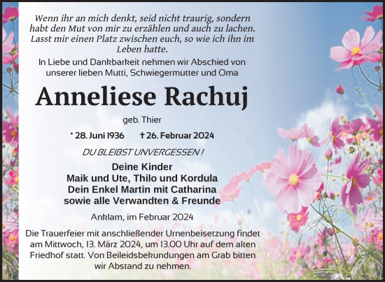Traueranzeige von Anneliese Rachuj von Nordkurier Vorpommern Kurier