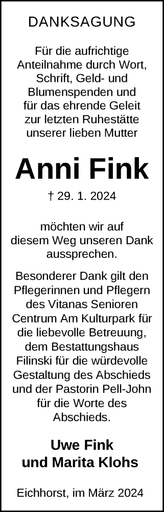 Traueranzeige von Anni Fink von Nordkurier Neubrandenburger Zeitung
