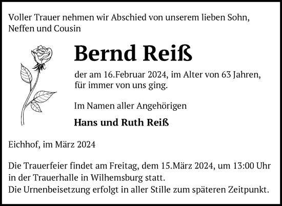 Traueranzeige von Bernd Reiß von Nordkurier Haff-Zeitung