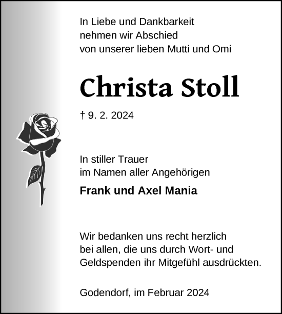 Traueranzeige von Christa Stoll von Nordkurier Strelitzer Zeitung