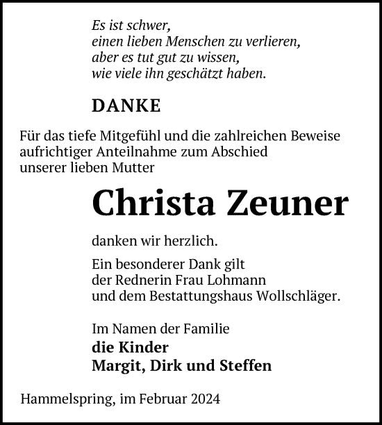 Traueranzeige von Christa Zeuner von Uckermark Kurier Prenzlauer Zeitung