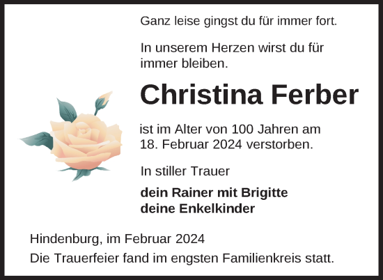 Traueranzeige von Christina Ferber von Uckermark Kurier Templiner Zeitung