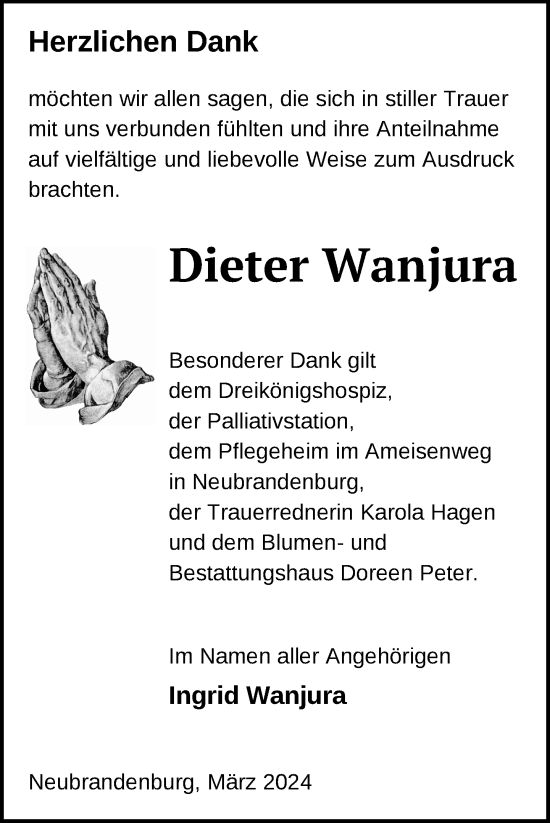 Traueranzeige von Dieter Wanjura von Nordkurier Neubrandenburger Zeitung