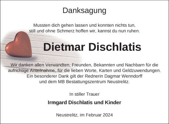 Traueranzeige von Dietmar Dischlatis von Nordkurier Strelitzer Zeitung