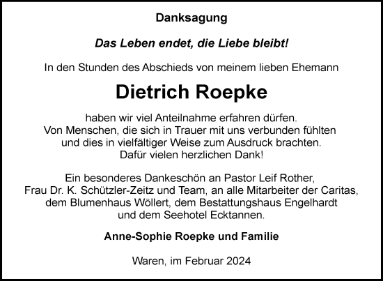 Traueranzeige von Dietrich Roepke von Nordkurier Müritz-Zeitung