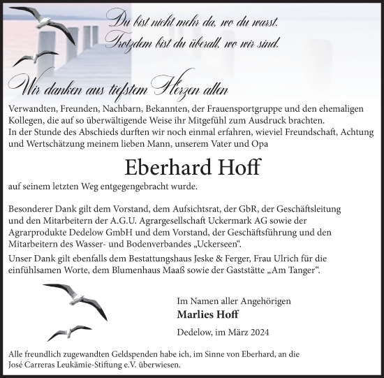 Traueranzeige von Eberhard Hoff von Uckermark Kurier Prenzlauer Zeitung