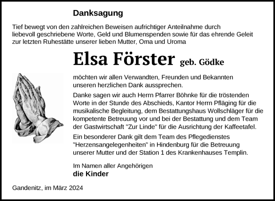 Traueranzeige von Elsa Förster von Uckermark Kurier Templiner Zeitung