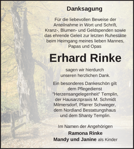 Traueranzeige von Erhard Rinke von Uckermark Kurier Templiner Zeitung