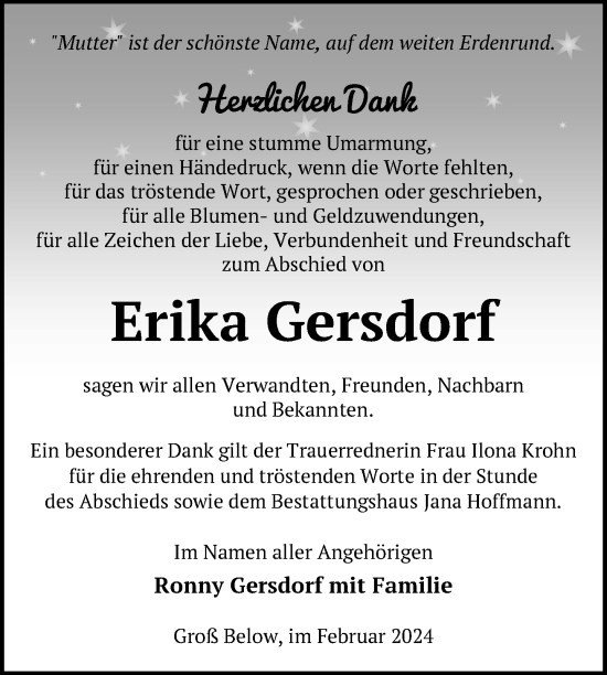 Traueranzeige von Erika Gersdorf von Nordkurier Neubrandenburger Zeitung