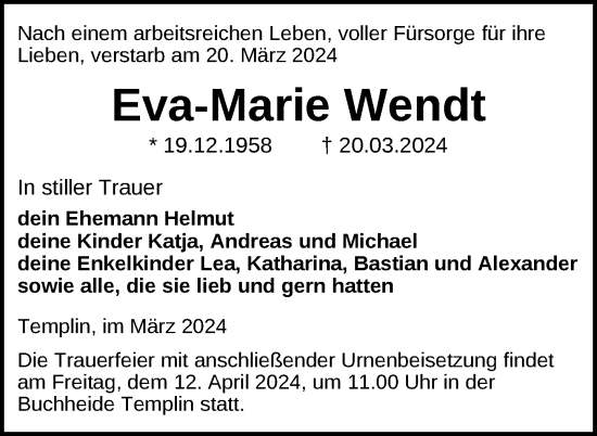 Traueranzeige von Eva-Marie Wendt von Uckermark Kurier Templiner Zeitung