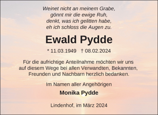 Traueranzeige von Ewald Pydde von Nordkurier Neubrandenburger Zeitung