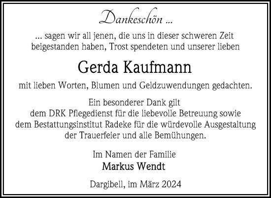 Traueranzeige von Gerda Kaufmann von Nordkurier Vorpommern Kurier