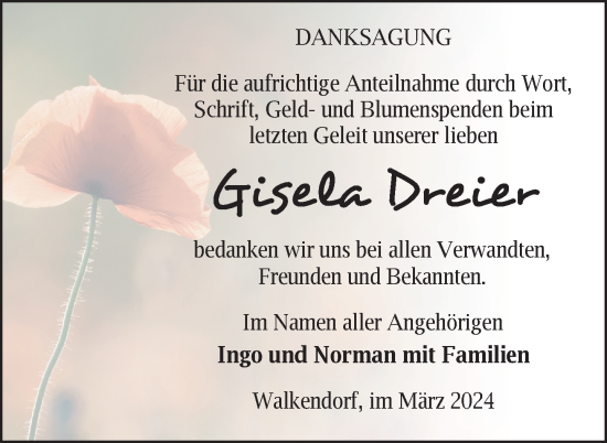 Traueranzeige von Gisela Dreier von Nordkurier Mecklenburger Schweiz