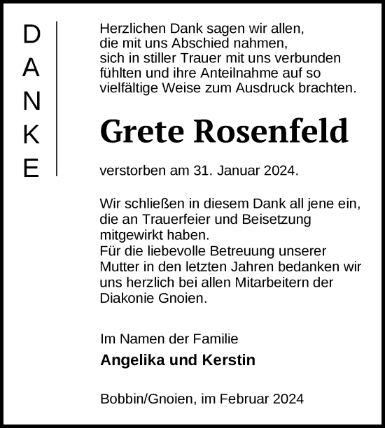 Traueranzeige von Grete Rosenfeld von Nordkurier Mecklenburger Schweiz