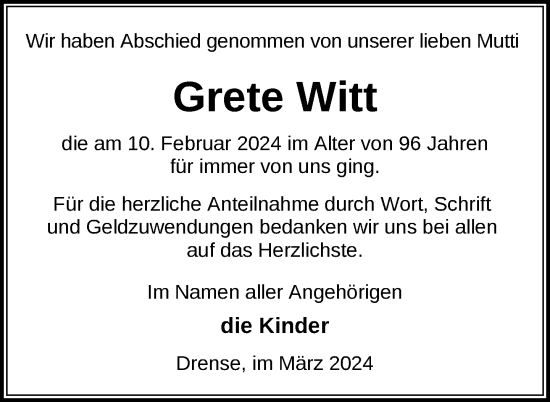 Traueranzeige von Grete Witt von Uckermark Kurier Prenzlauer Zeitung
