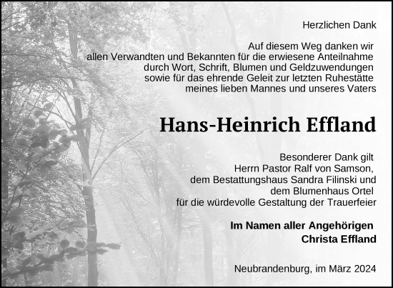 Traueranzeige von Hans-Heinrich Effland von Nordkurier Neubrandenburger Zeitung