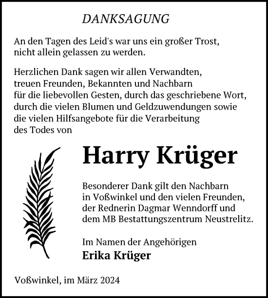 Traueranzeige von Harry Krüger von Nordkurier Strelitzer Zeitung