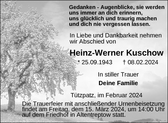 Traueranzeige von Heinz-Werner Kuschow von Nordkurier Neubrandenburger Zeitung