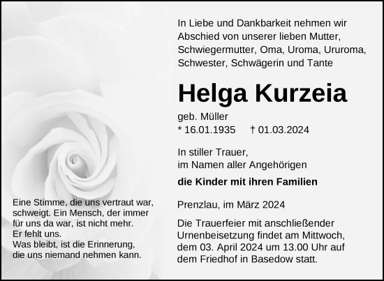 Traueranzeige von Helga Kurzeia von Uckermark Kurier Prenzlauer Zeitung