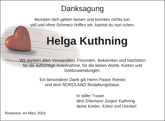 Traueranzeige von Helga Kuthning von Nordkurier Neubrandenburger Zeitung