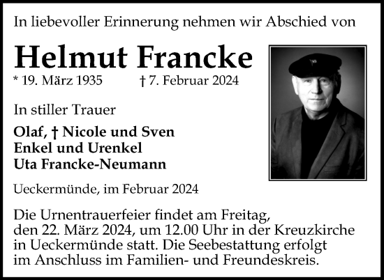 Traueranzeige von Helmut Francke von Nordkurier Haff-Zeitung