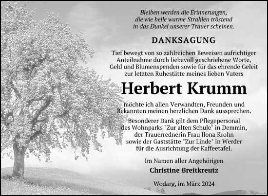 Traueranzeige von Herbert Krumm von Nordkurier Neubrandenburger Zeitung