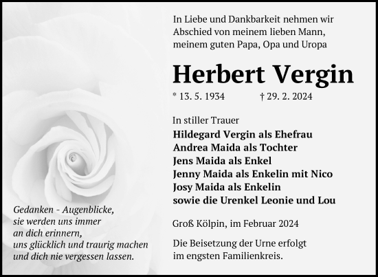 Traueranzeige von Herbert Vergin von Uckermark Kurier Templiner Zeitung