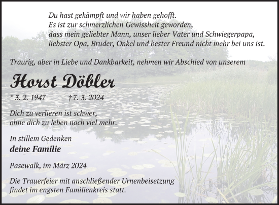 Traueranzeige von Horst Döbler von Nordkurier Pasewalker Zeitung