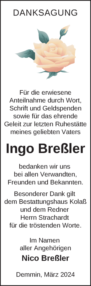 Traueranzeige von Ingo Breßler von Nordkurier Demminer Zeitung