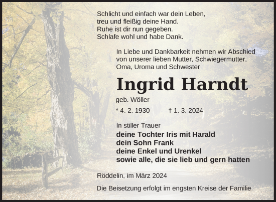 Traueranzeige von Ingrid Harndt von Uckermark Kurier Templiner Zeitung