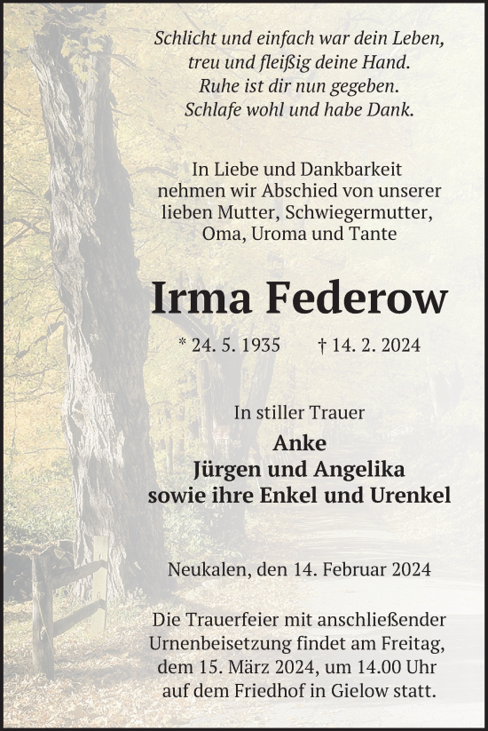 Traueranzeige von Irma Federow von Nordkurier Mecklenburger Schweiz
