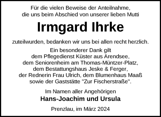 Traueranzeige von Irmgard Ihrke von Uckermark Kurier Prenzlauer Zeitung