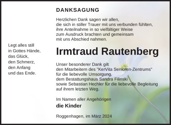 Traueranzeige von Irmtraud Rautenberg von Nordkurier Neubrandenburger Zeitung