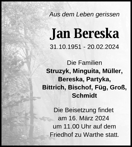 Traueranzeige von Jan Bereska von Uckermark Kurier Templiner Zeitung
