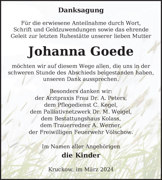 Traueranzeige von Johanna Goede von Nordkurier Vorpommern Kurier