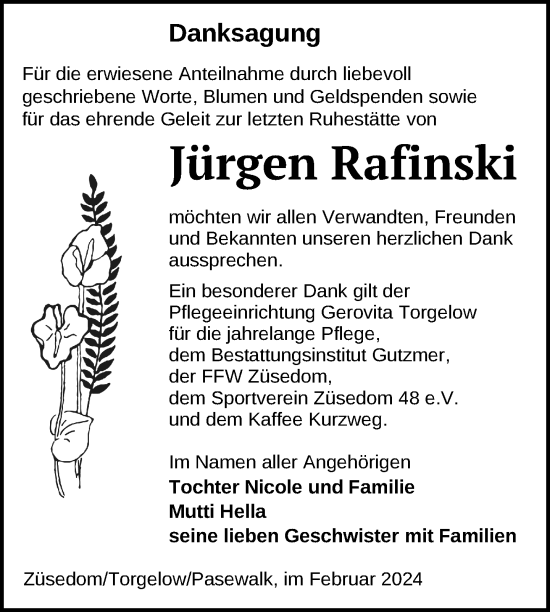 Traueranzeige von Jürgen Rafinski von Nordkurier Pasewalker Zeitung