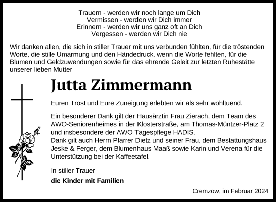 Traueranzeige von Jutta Zimmermann von Uckermark Kurier Prenzlauer Zeitung