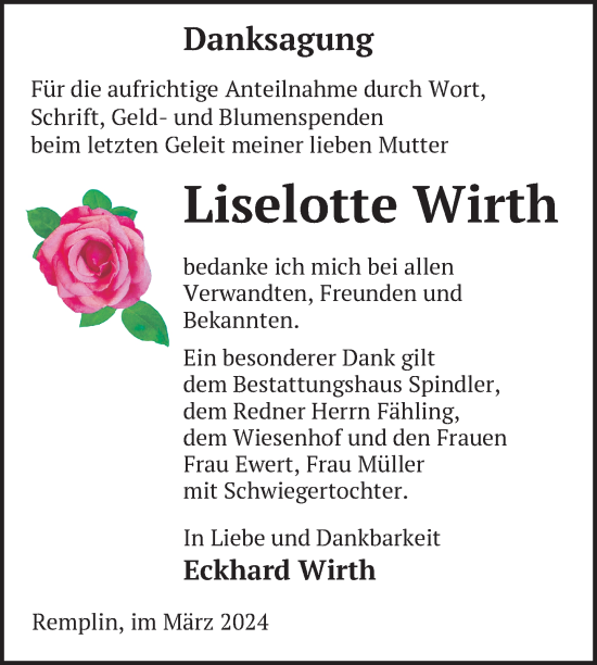 Traueranzeige von Liselotte Wirth von Nordkurier Mecklenburger Schweiz