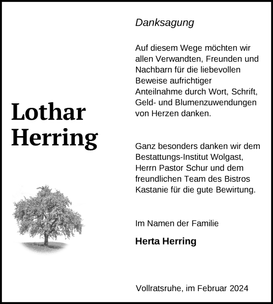 Traueranzeige von Lothar Herring von Nordkurier Müritz-Zeitung
