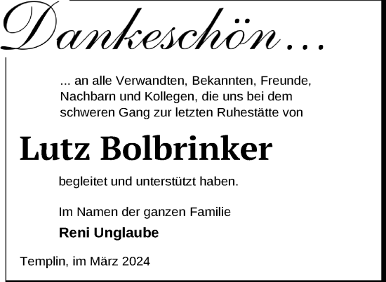 Traueranzeige von Lutz Bolbrinker von Uckermark Kurier Templiner Zeitung