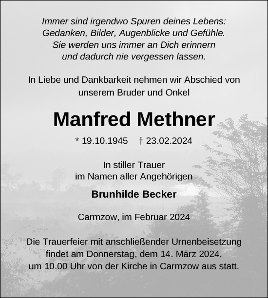 Traueranzeige von Manfred Methner von Uckermark Kurier Prenzlauer Zeitung