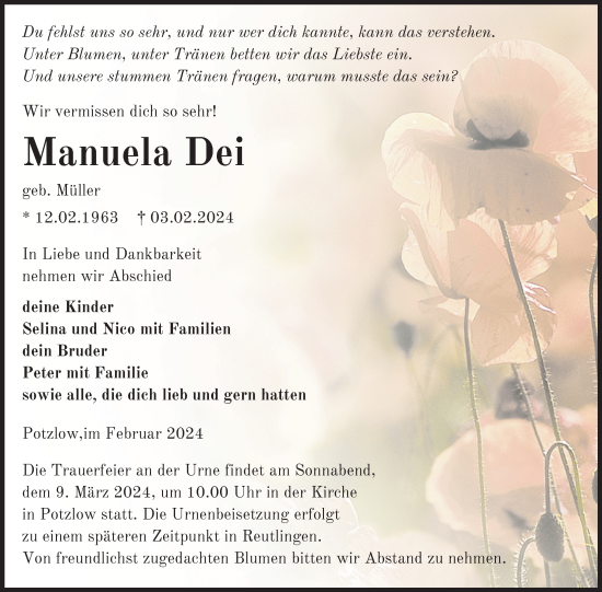 Traueranzeige von Manuela Dei von Uckermark Kurier Prenzlauer Zeitung