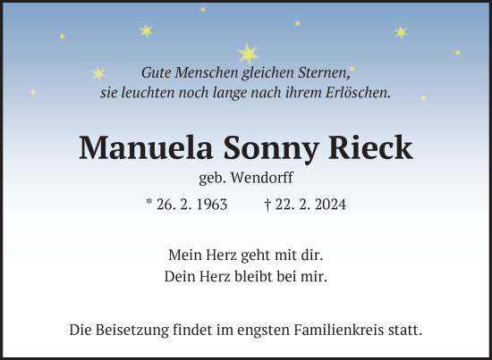 Traueranzeige von Manuela Sonny Rieck von Nordkurier Haff-Zeitung