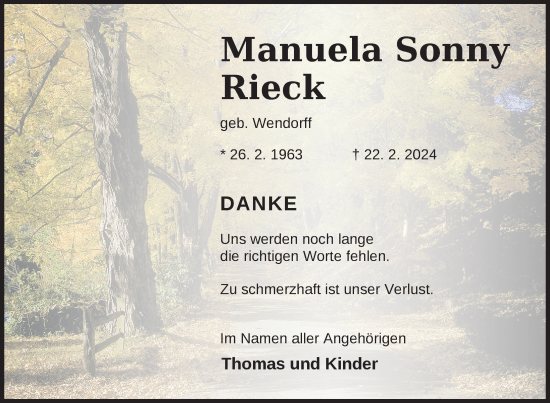Traueranzeige von Manuela Sonny Rieck von Nordkurier Haff-Zeitung