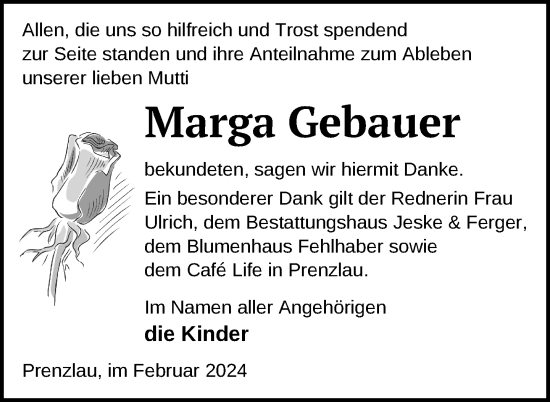 Traueranzeige von Marga Gebauer von Uckermark Kurier Prenzlauer Zeitung