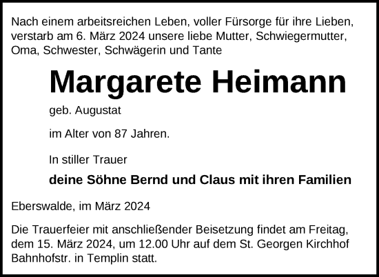 Traueranzeige von Margarete Heimann von Uckermark Kurier Templiner Zeitung