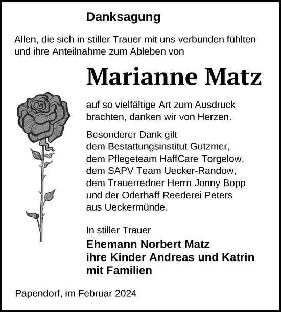 Traueranzeige von Marianne Matz von Nordkurier Pasewalker Zeitung